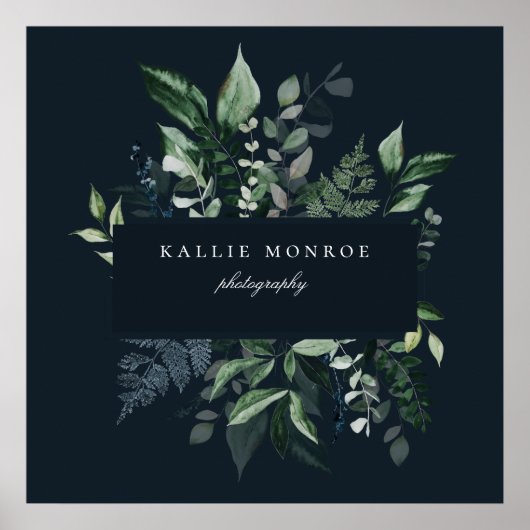 Elegant Forest Foliage Lijst Donkerblauw Bedrijf Poster (Voorkant)