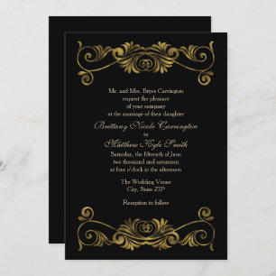 Elegant Formal Black and Gold Wedding Kaart
