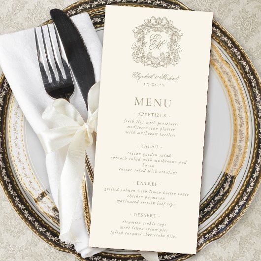 Elegant Formal Monogram Crest Ivory Wedding Menu