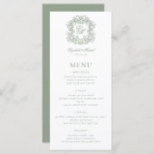 Elegant Formal Monogram Crest Sage Green Wedding Menu (Voorkant / Achterkant)
