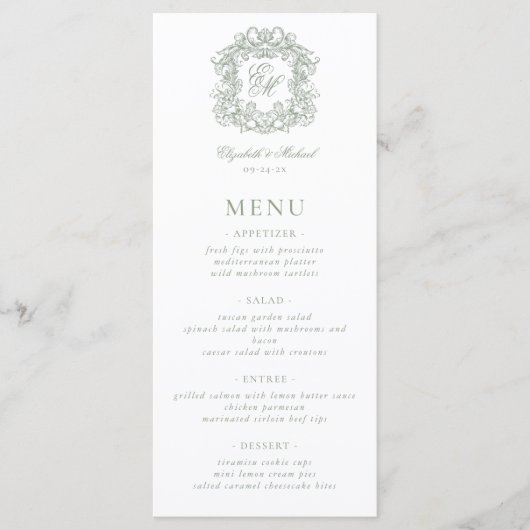 Elegant Formal Monogram Crest Sage Green Wedding Menu (Voorkant)