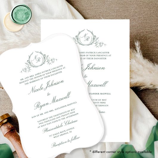 Elegant Formal Monogram Green Wedding Kaart