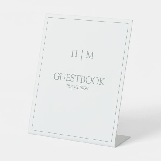 Elegant Formal Sage Green Monogram Guestbook Reclamebord Met Voetstuk (Voorkant)
