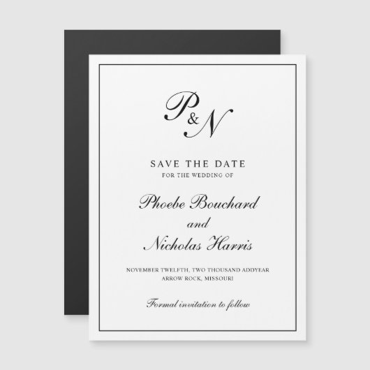 Elegant Formal Zwart wit Monogram Opslaan Datum Magnetische Uitnodiging (Voorkant / Achterkant)