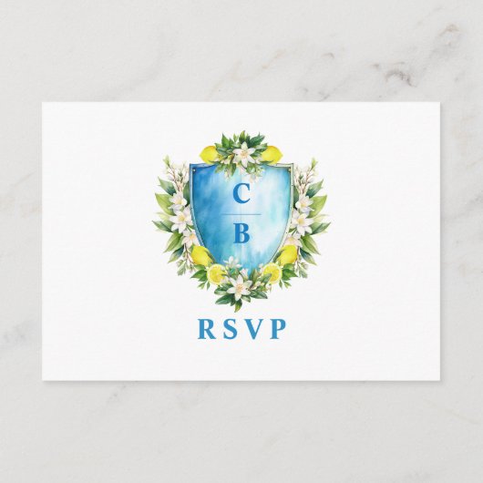 Elegant Formeel Blauw Bloemen Crest Bruiloft RSVP Informatiekaartje (Achterkant)