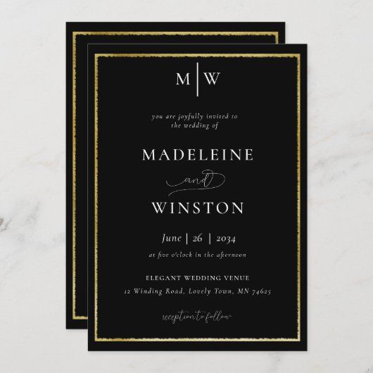 Elegant Formele Initialen Black White Gold Wedding Kaart (Voorkant / Achterkant)