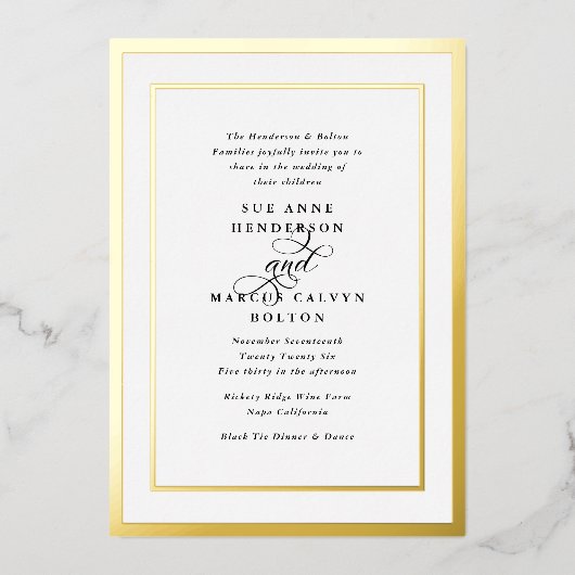 Elegant Formele Kalligrafie Goud Lijst Bruiloft Folie Uitnodiging (Voorkant)