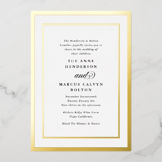 Elegant Formele Kalligrafie Goud Lijst Bruiloft Folie Uitnodiging (Voorkant)