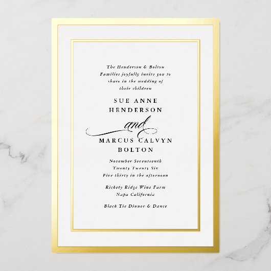 Elegant Formele Kalligrafie Goud Lijst Bruiloft Folie Uitnodiging (Voorkant)
