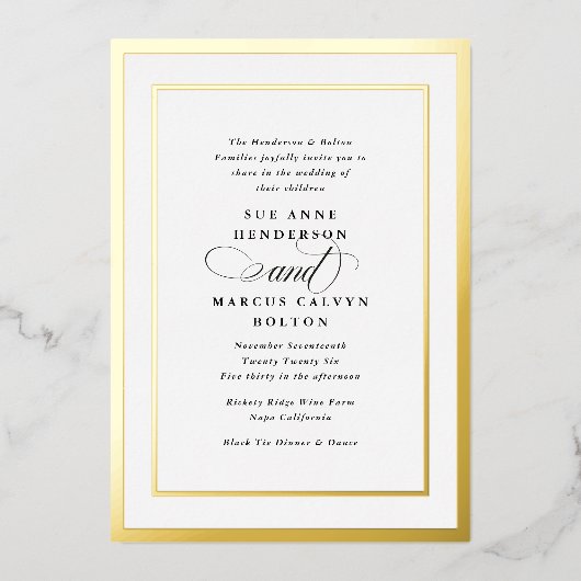 Elegant Formele Kalligrafie Goud Lijst Bruiloft Folie Uitnodiging (Voorkant)