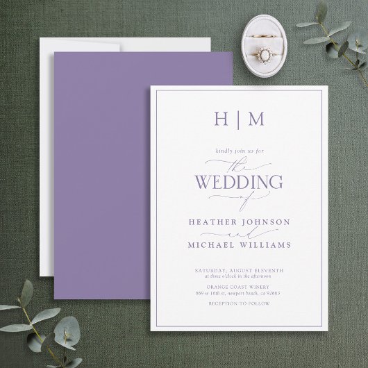 Elegant Formele Lila Lavender Calligraphy Wedding Kaart