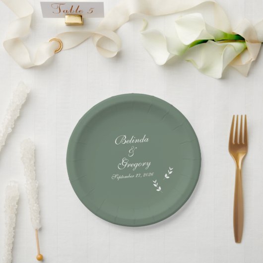Elegant Formele Salie Olijf Groen Script Bruiloft Papieren Bordje (Huwelijk)