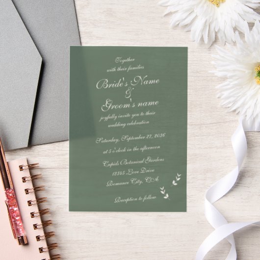 Elegant Formele Salie Olijf Groen Script Bruiloft Vellum Uitnodigingen (Huwelijk)