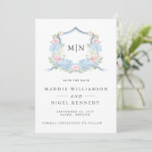 Elegant Foto Blauw Monogram Sla de datum op Save The Date (Staand voorkant)