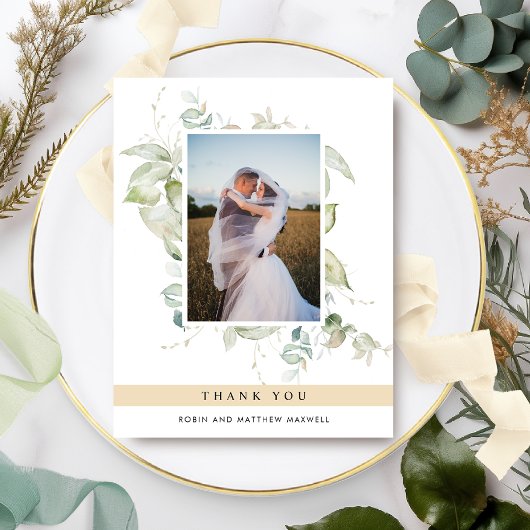 Elegant Foto Greenery Wedding Beige Tan Hartelijk Bedankkaart