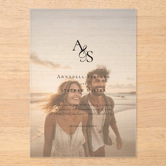 Elegant, foto, klassiek, monogram, bruiloft acryl uitnodigingen (Voorkant)