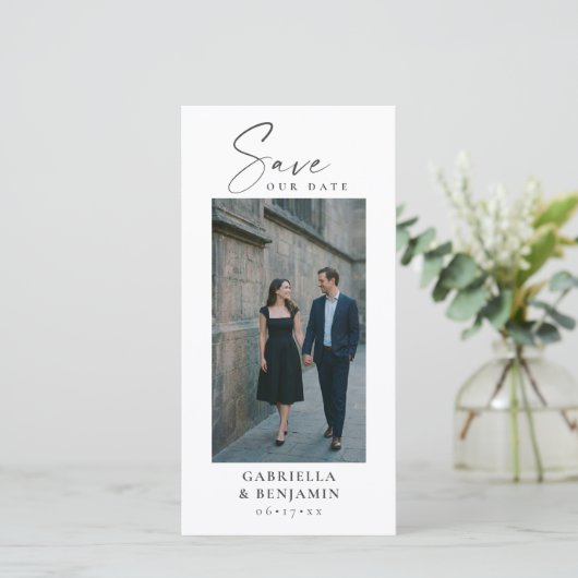 Elegant foto QR-code script bruiloft hoog wit Save The Date (Staand voorkant)