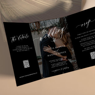 Elegant fotokalligrafiescript alles in één zwart drieluik uitnodiging