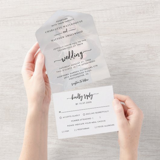 Elegant Fotoscript Bruiloft All In One Uitnodiging (Afscheurbaar)