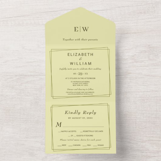 Elegant Frame on Celestial Yellow Monogram Wedding All In One Uitnodiging (Binnen)