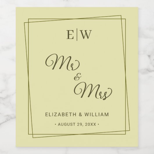 Elegant Frame on Celestial Yellow Monogram Wedding Wijn Etiket (Enkel label)