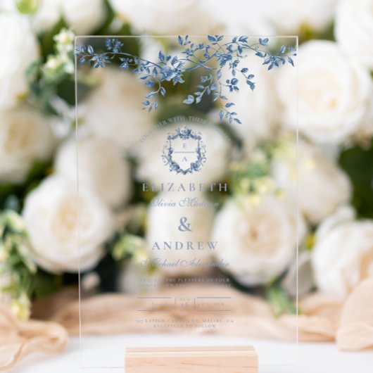 Elegant Frans Blauw Bloemen Bruiloft Acryl Bord