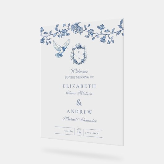 Elegant Frans Blauw Bloemen Bruiloft Acryl Bord (Hoek)