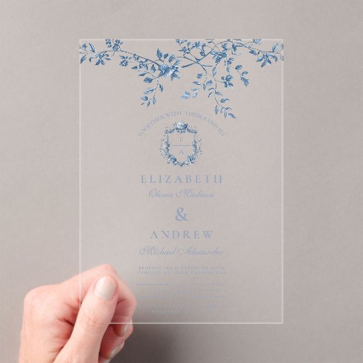 Elegant Frans  Blauw Bloemen Bruiloft Acryl Uitnodigingen (Insitu (Draagbaar))