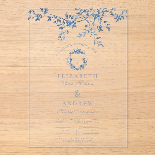 Elegant Frans Blauw Bloemen Bruiloft Acryl Uitnodigingen (Voorkant)