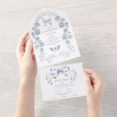 Elegant Frans  Blauw Bloemen Bruiloft All In One Uitnodiging (Afscheurbaar)