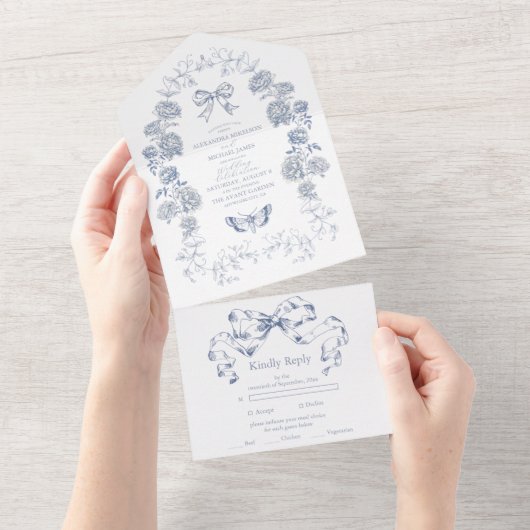 Elegant Frans  Blauw Bloemen Bruiloft All In One Uitnodiging (Afscheurbaar)