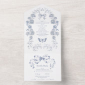 Elegant Frans  Blauw Bloemen Bruiloft All In One Uitnodiging (Binnen)