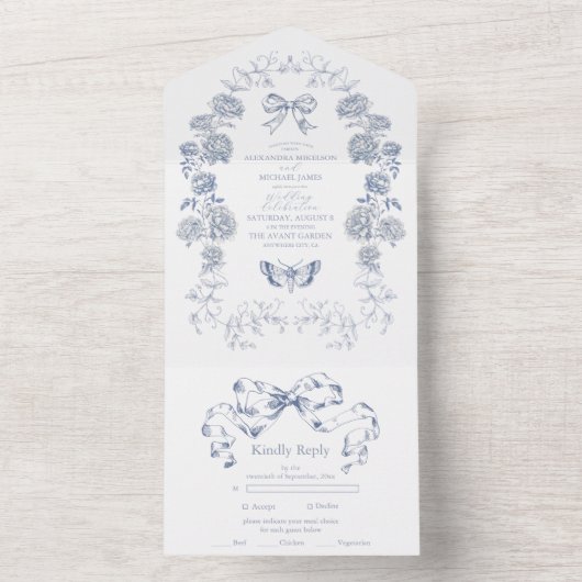 Elegant Frans  Blauw Bloemen Bruiloft All In One Uitnodiging (Binnen)