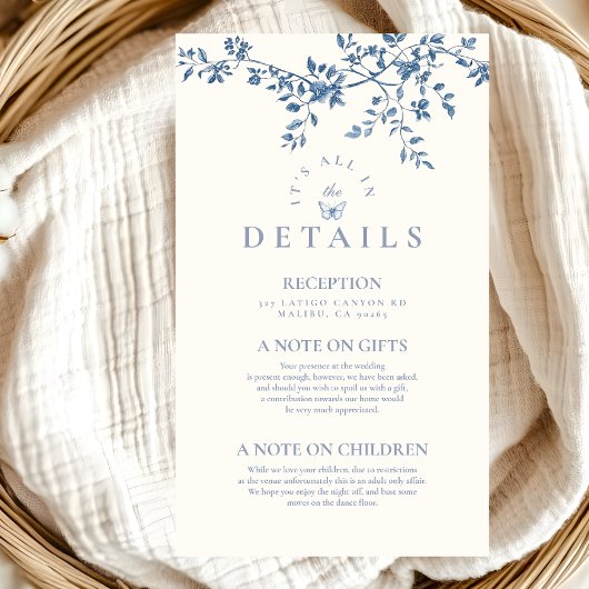 Elegant Frans  Blauw Bloemen Bruiloft Informatiekaartje