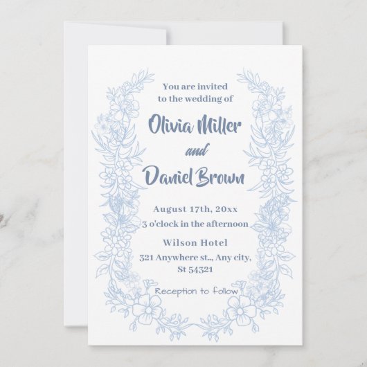 Elegant Frans  Blauw Bloemen Bruiloft Kaart (Voorkant)