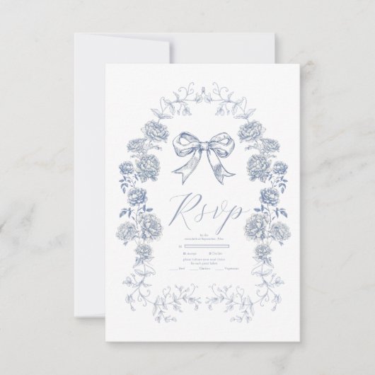 Elegant Frans Blauw Bloemen Bruiloft RSVP Kaartje (Voorkant)