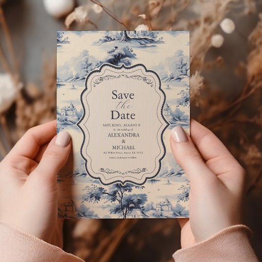 Elegant Frans Blauw Bloemen Bruiloft Save The Date