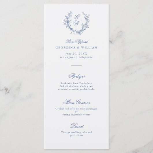 Elegant Frans  Blauw Bloemen Jouy Menu (Voorkant)
