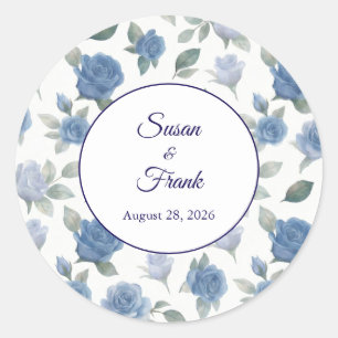 Elegant Frans Blauw Rozen Waterverf Trouwfeest Ronde Sticker