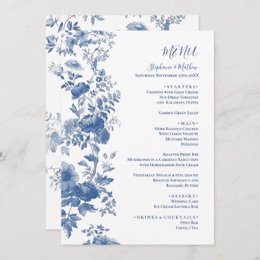 Elegant Frans Bloementoilet Blauw Bruiloft Menu (Voorkant / Achterkant)