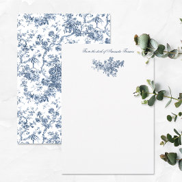 Elegant Frans gegraveerd Floral Toile-Blue Notitiekaartje