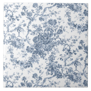Elegant Frans gegraveerd Floral Toile-Blue Tegeltje