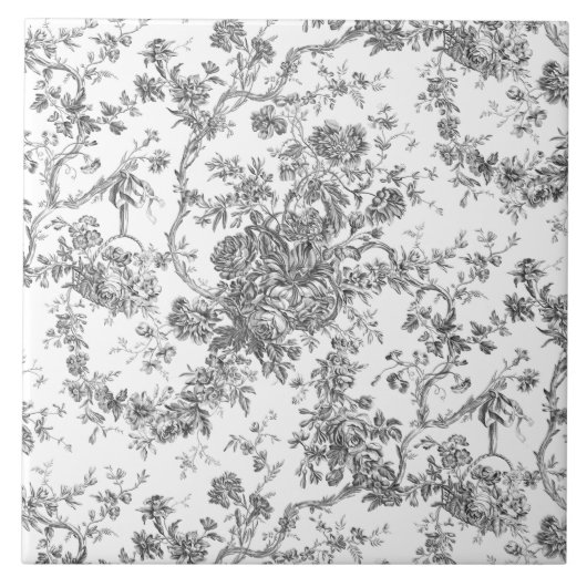 Elegant  Frans gegraveerd Floral Toile-Grey Tegeltje (Voorkant)