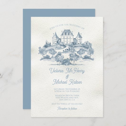 Elegant Frans Toile Bloemen Chateau Bruiloft Kaart (Voorkant / Achterkant)