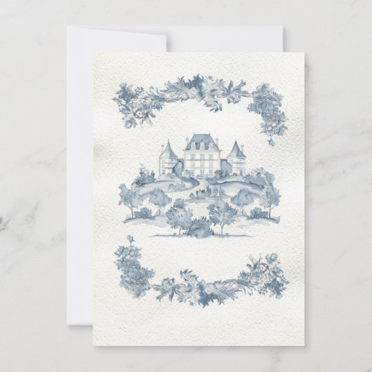 Elegant Frans Toile Bloemen Chateau Bruiloft Kaart (Achterkant)