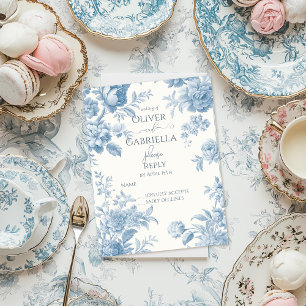 Elegant Frans toilet Blauw Bloemen Huwelijk RSPV Uitnodiging Briefkaart
