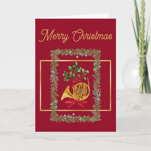 Elegant French Horn Christmas Maroon Feestdagen Kaart (Voorkant)