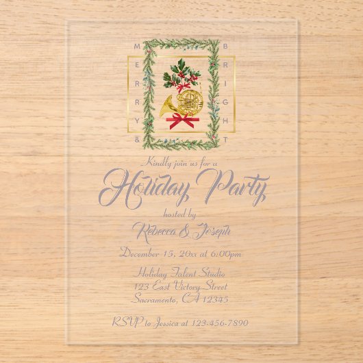 Elegant French Horn Christmas Taupe Acryl Uitnodigingen (Voorkant)
