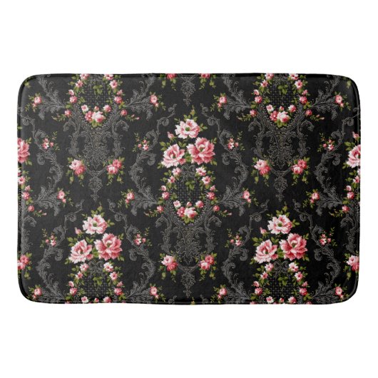 Elegant French Rococo Floral-Black Background Badmat (Voorkant)