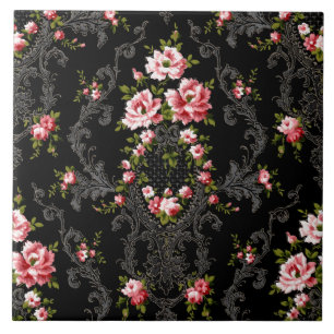 Elegant French Rococo Floral-Black Background Tegeltje